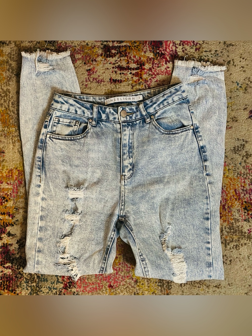 Tinseltown | Acid Wash Light Blue High Rise Distressed Jeans Raw Hem | Size 1